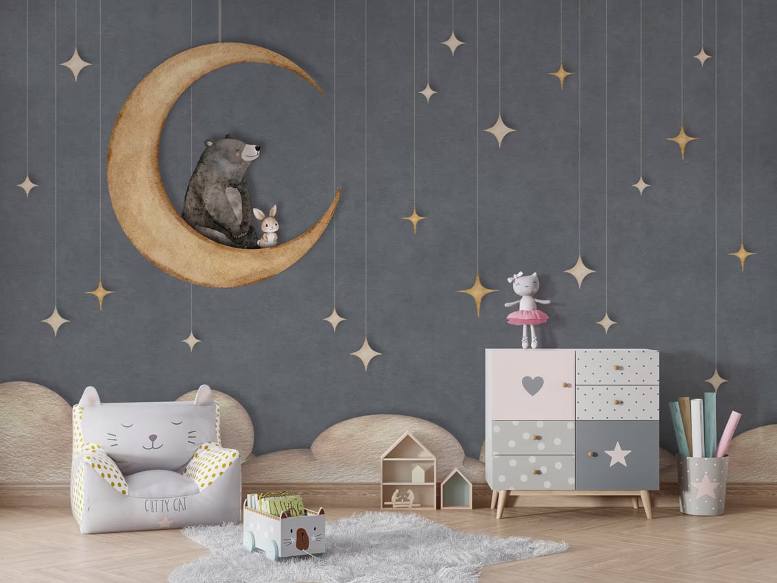 Bear on the Moon - blue styled in a room