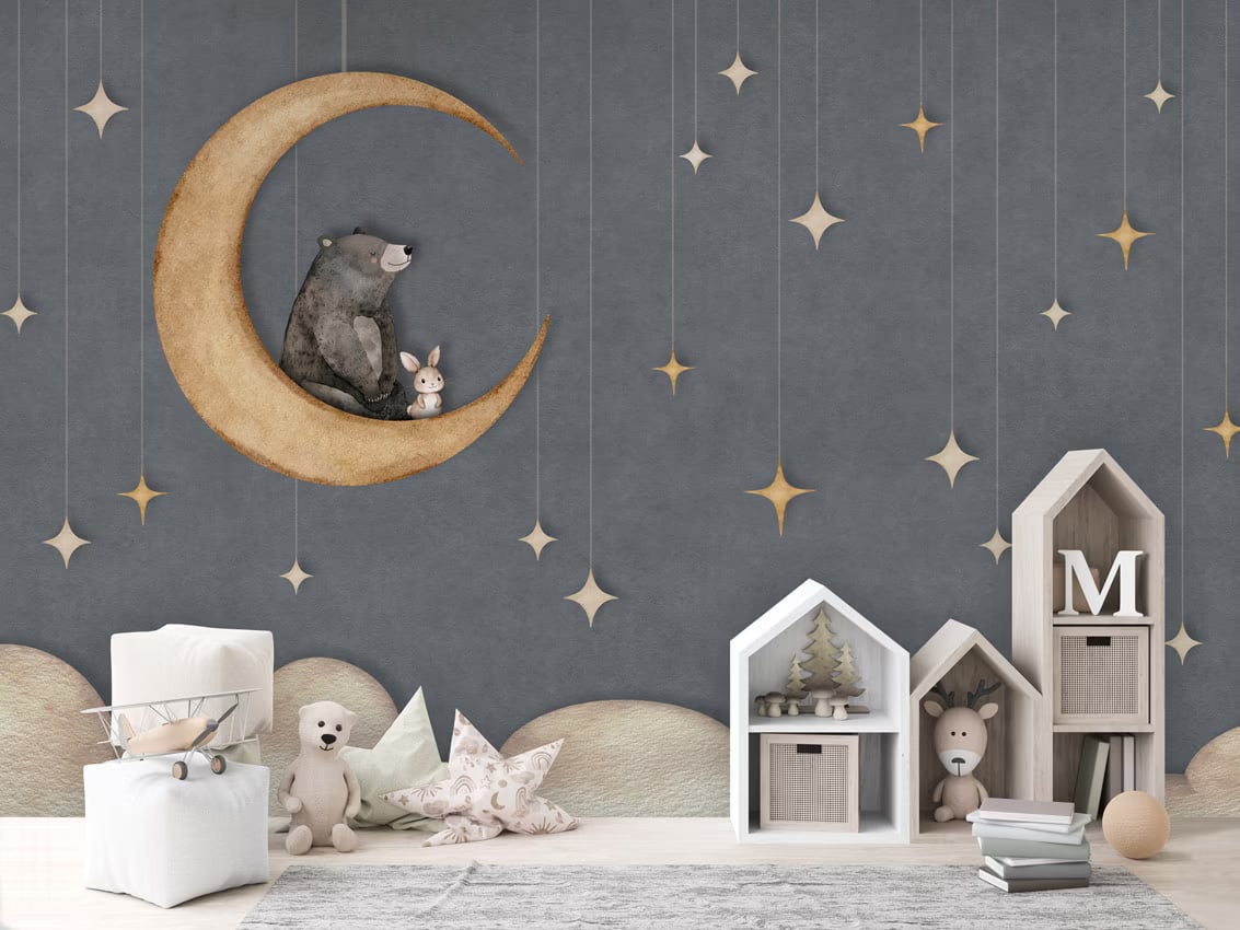 Bear on the Moon - blue styled in a room