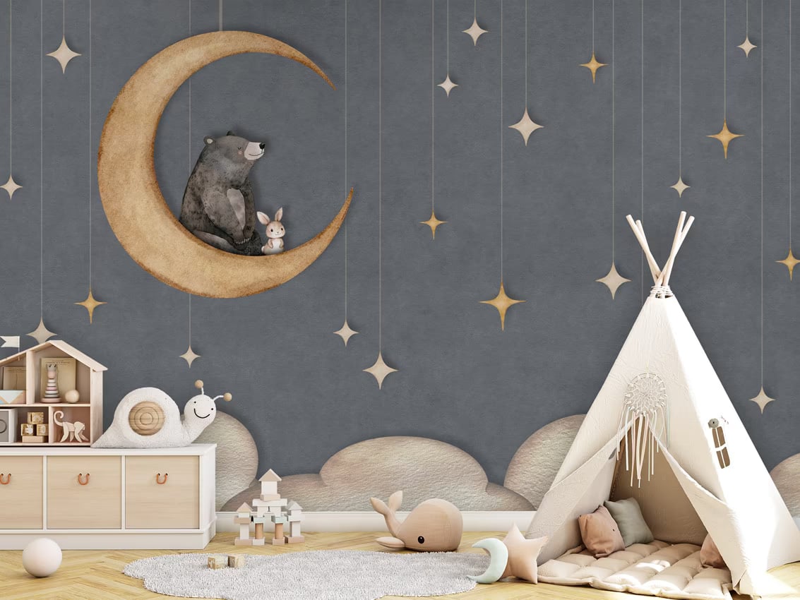 Bear on the Moon - blue styled in a room