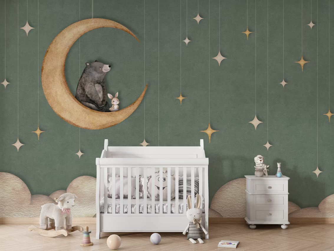 Bear on the Moon - green styled in a room