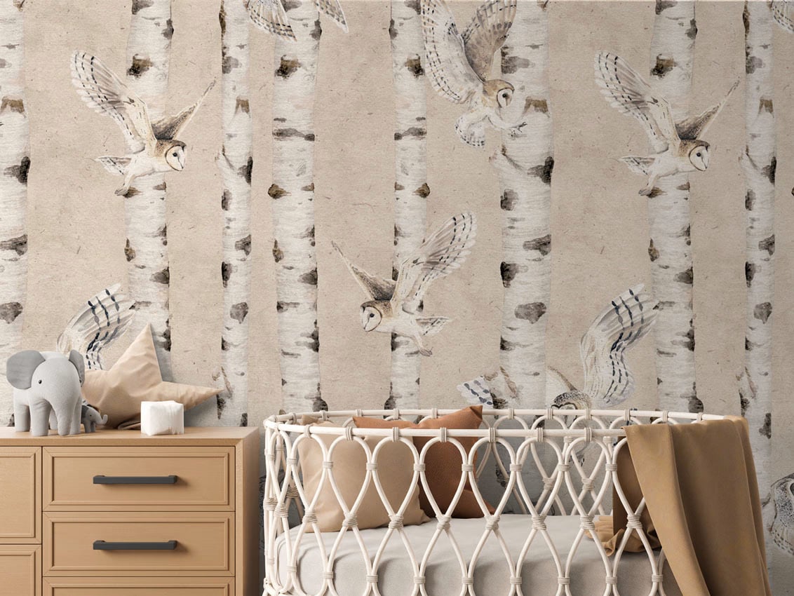 Birch And Owls - Beige styled in a room