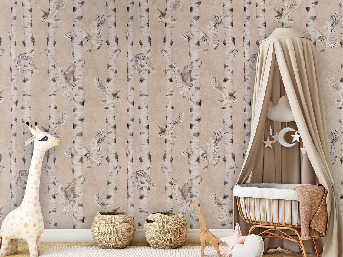 Birch And Owls - Beige styled in a room