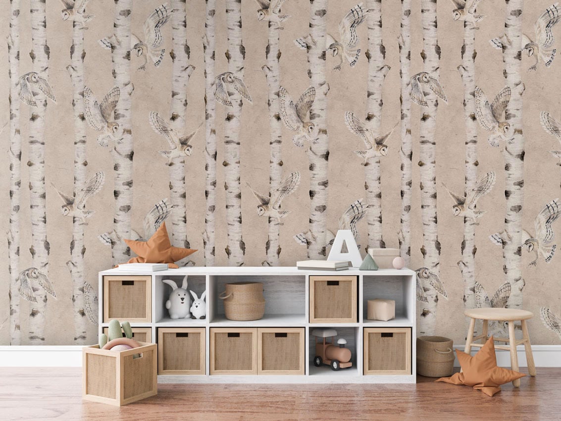 Birch And Owls - Beige styled in a room