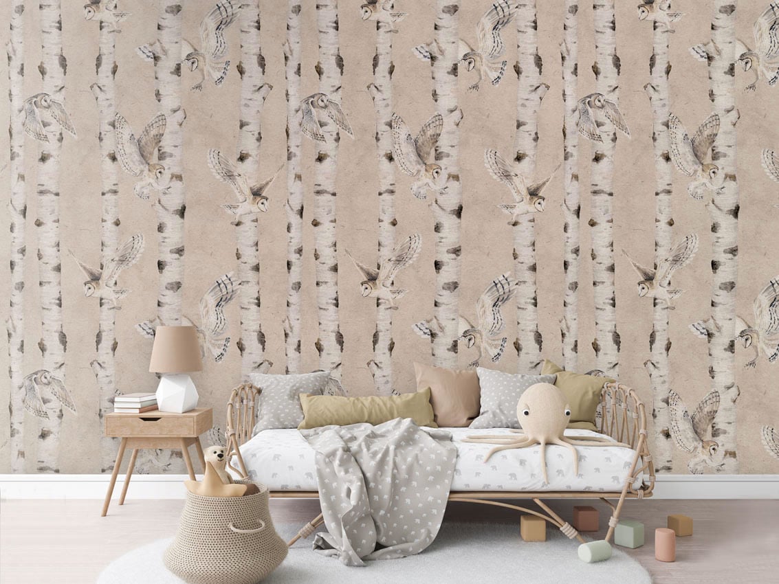 Birch And Owls - Beige styled in a room