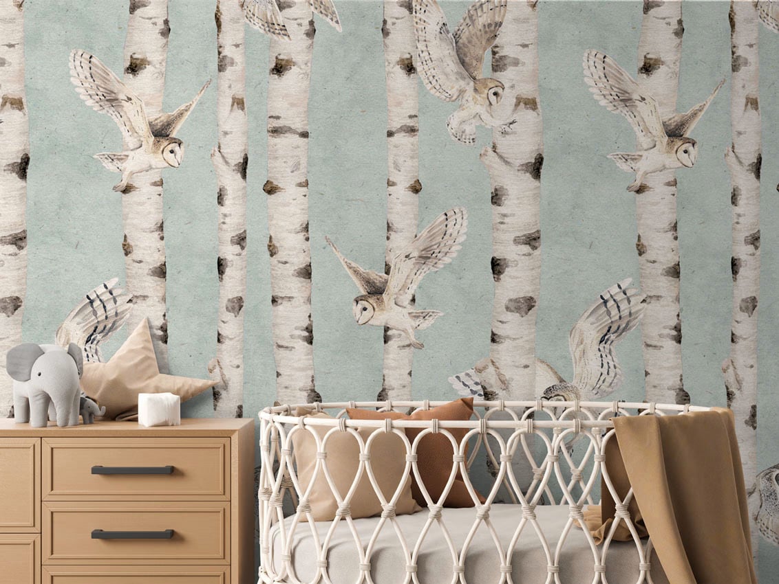 Birch And Owls - Blue styled in a room