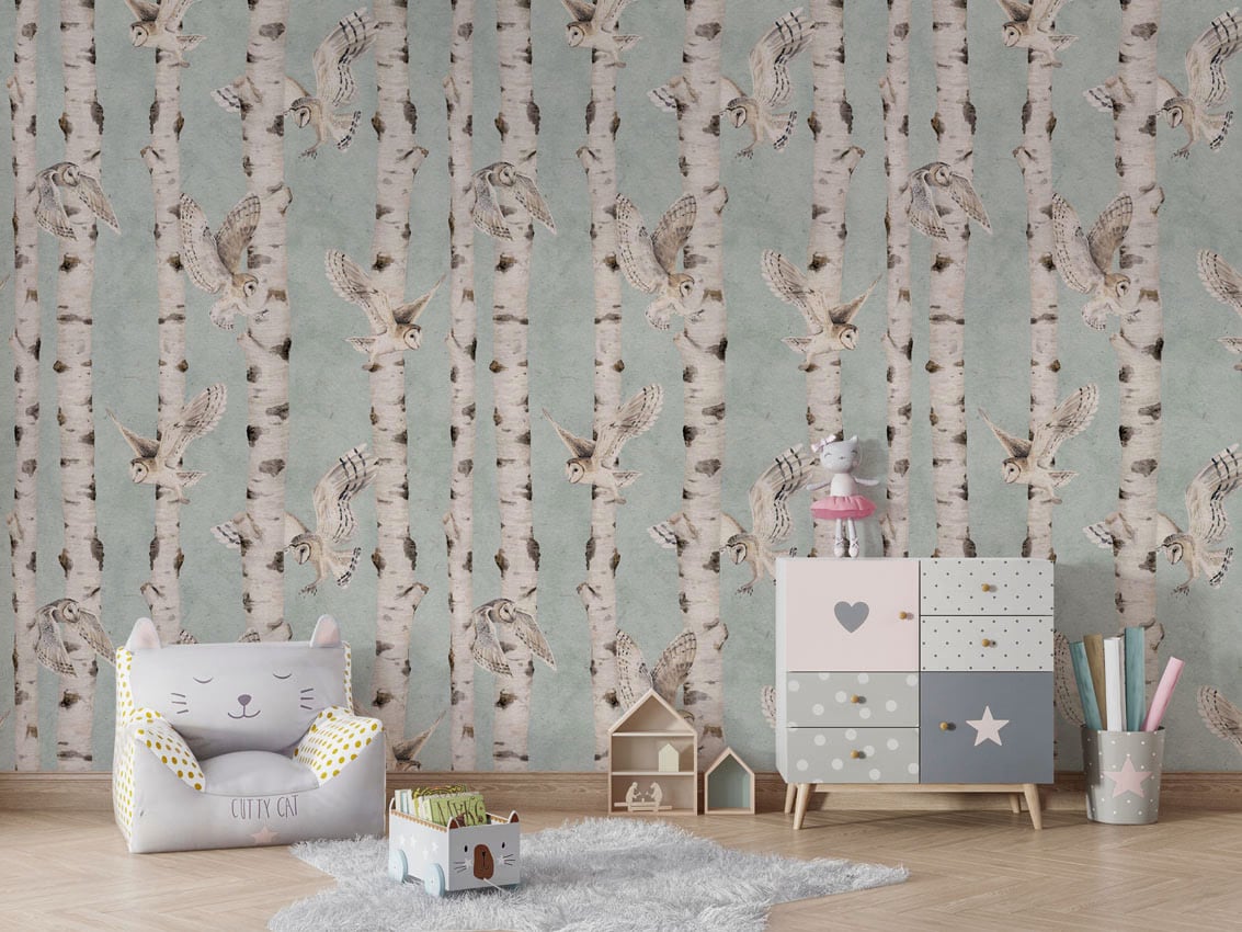 Birch And Owls - Blue styled in a room