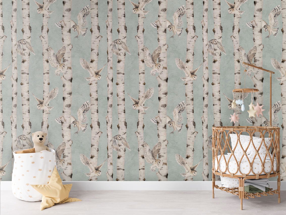 Birch And Owls - Blue styled in a room