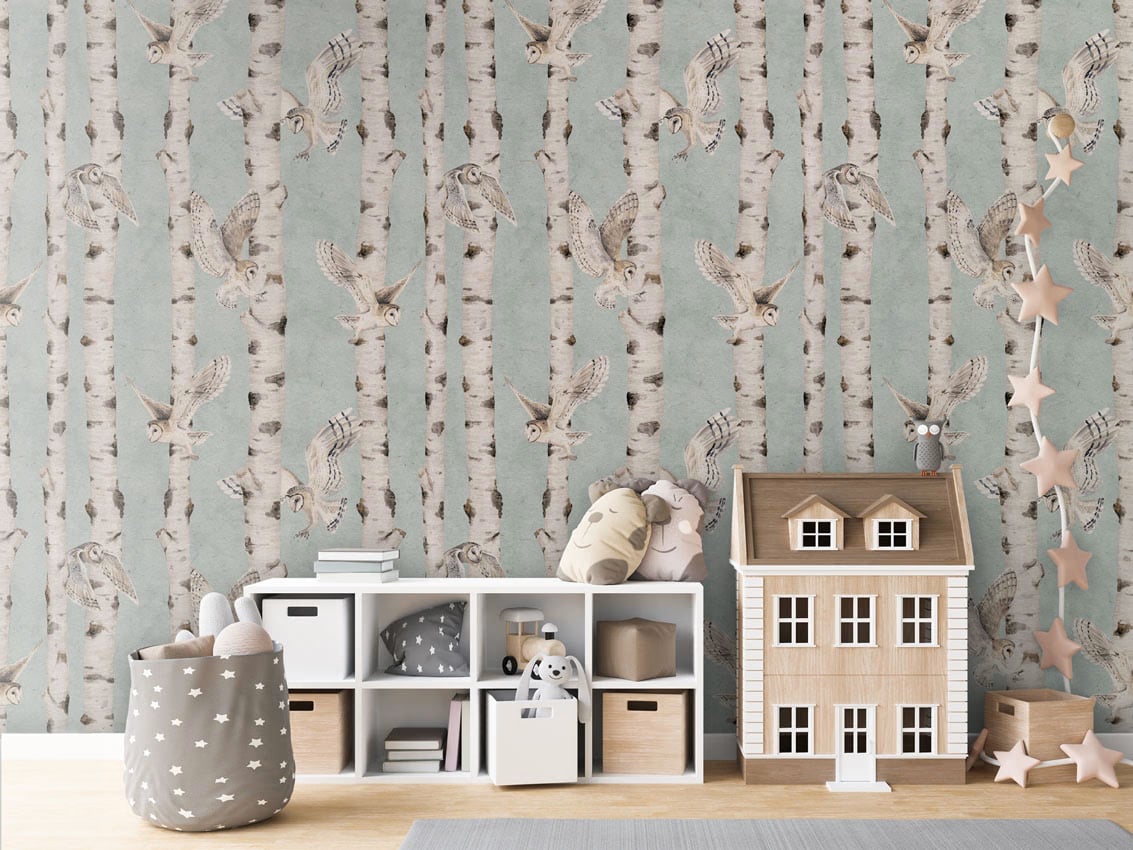 Birch And Owls - Blue styled in a room