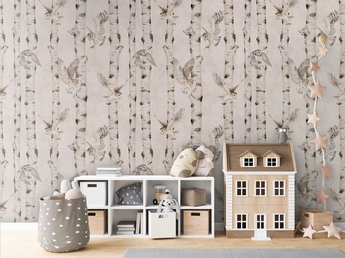 Birch And Owls - White styled in a room