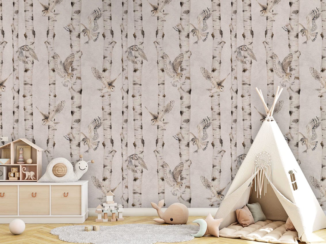 Birch And Owls - White styled in a room