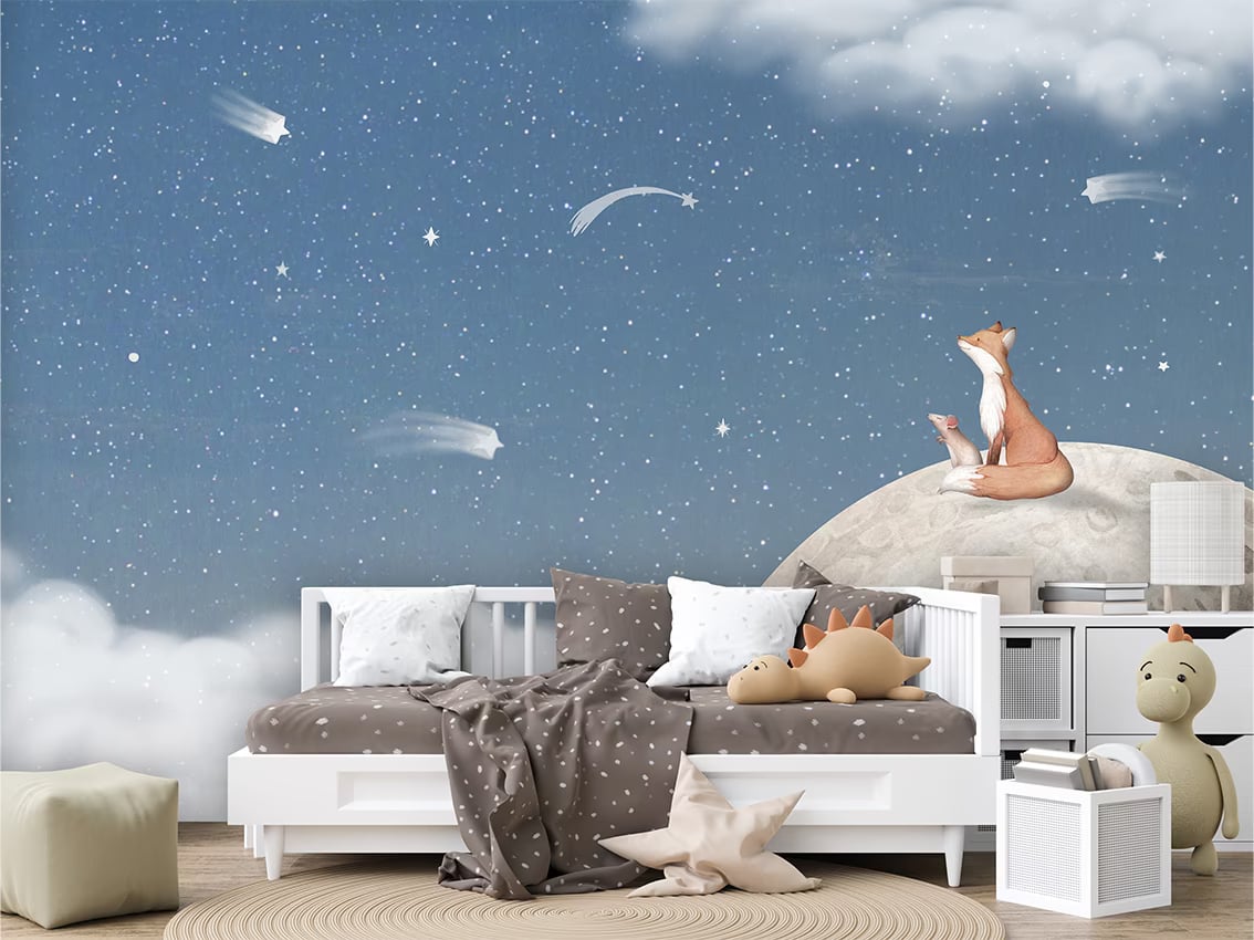 Fox on the Moon - Blue styled in a room