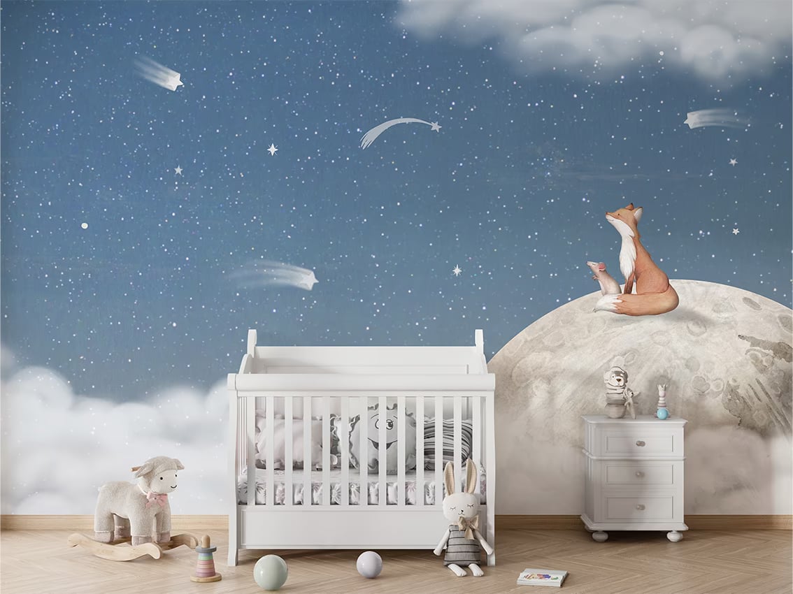 Fox on the Moon - Blue styled in a room