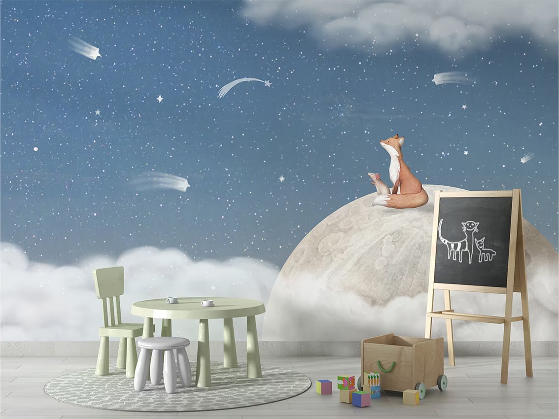 Fox on the Moon - Blue styled in a room