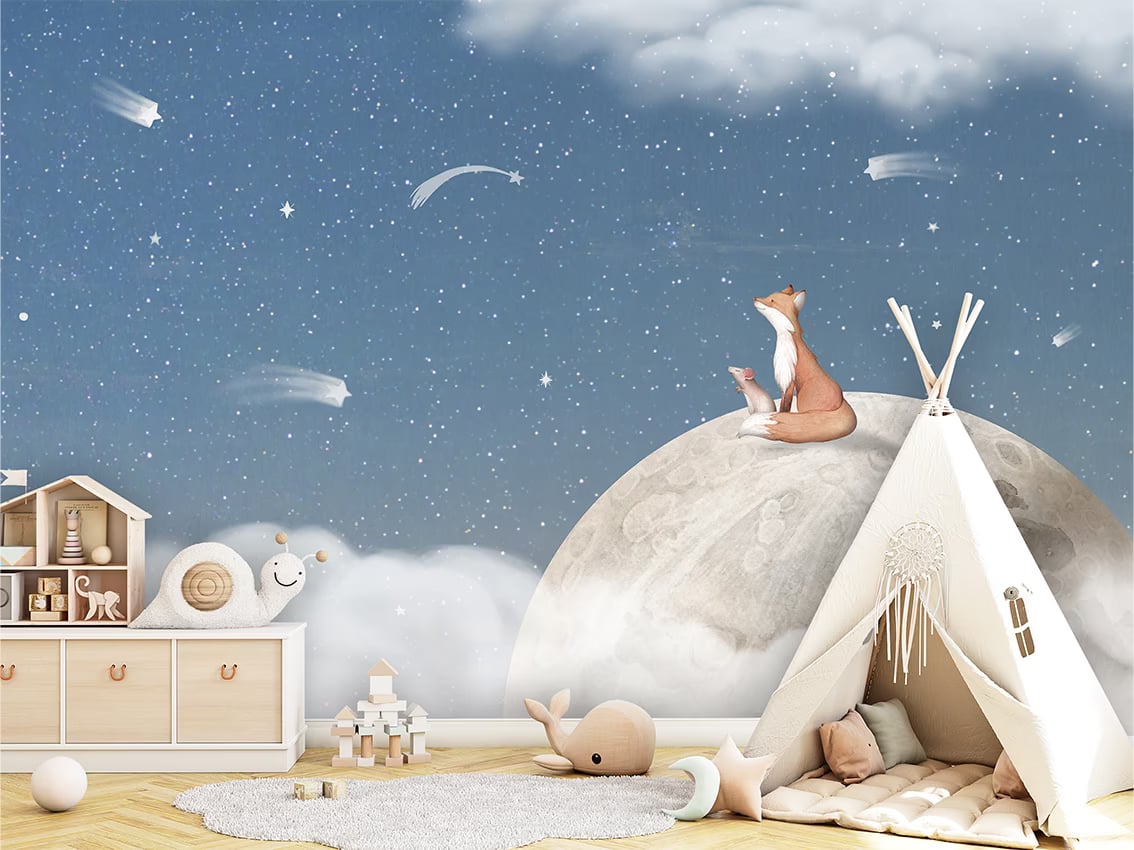 Fox on the Moon - Blue styled in a room