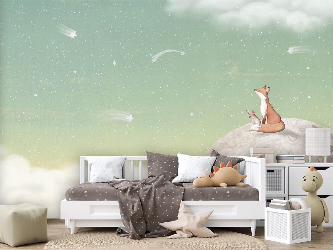 Fox on the Moon - Green styled in a room