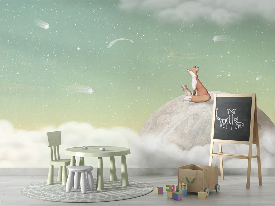 Fox on the Moon - Green styled in a room