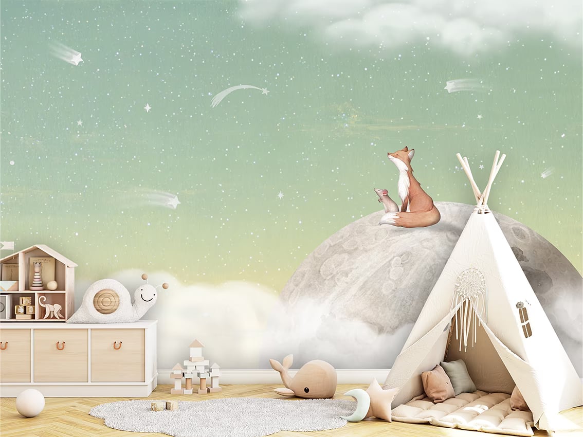 Fox on the Moon - Green styled in a room