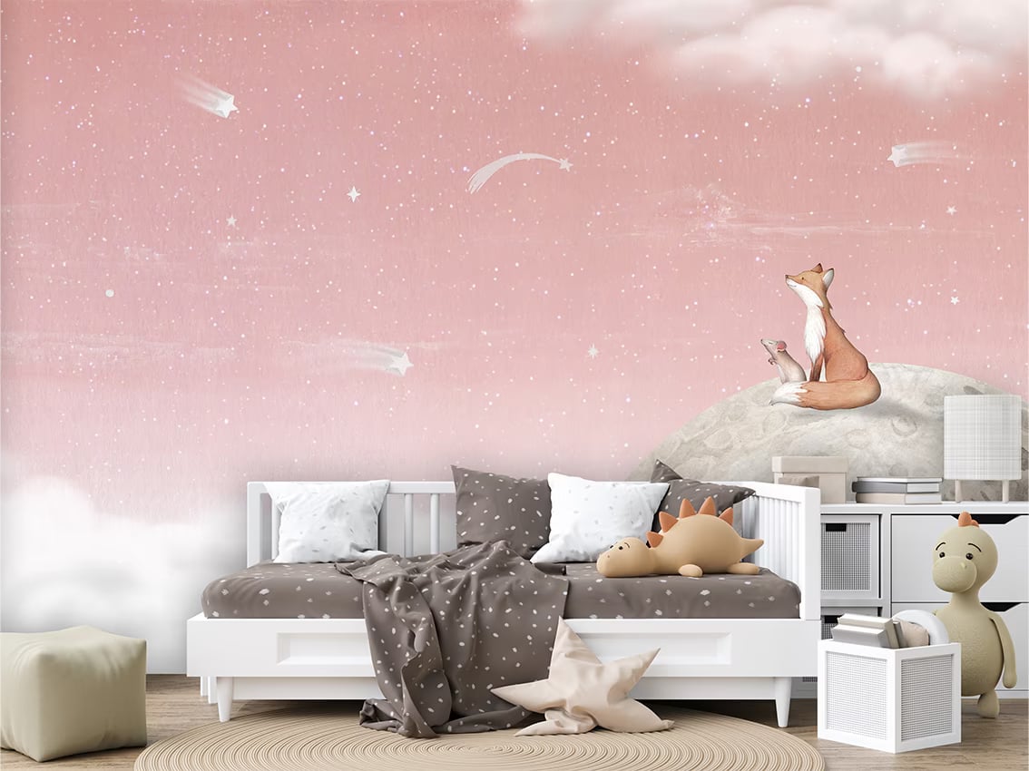 Fox on the Moon - Pink styled in a room