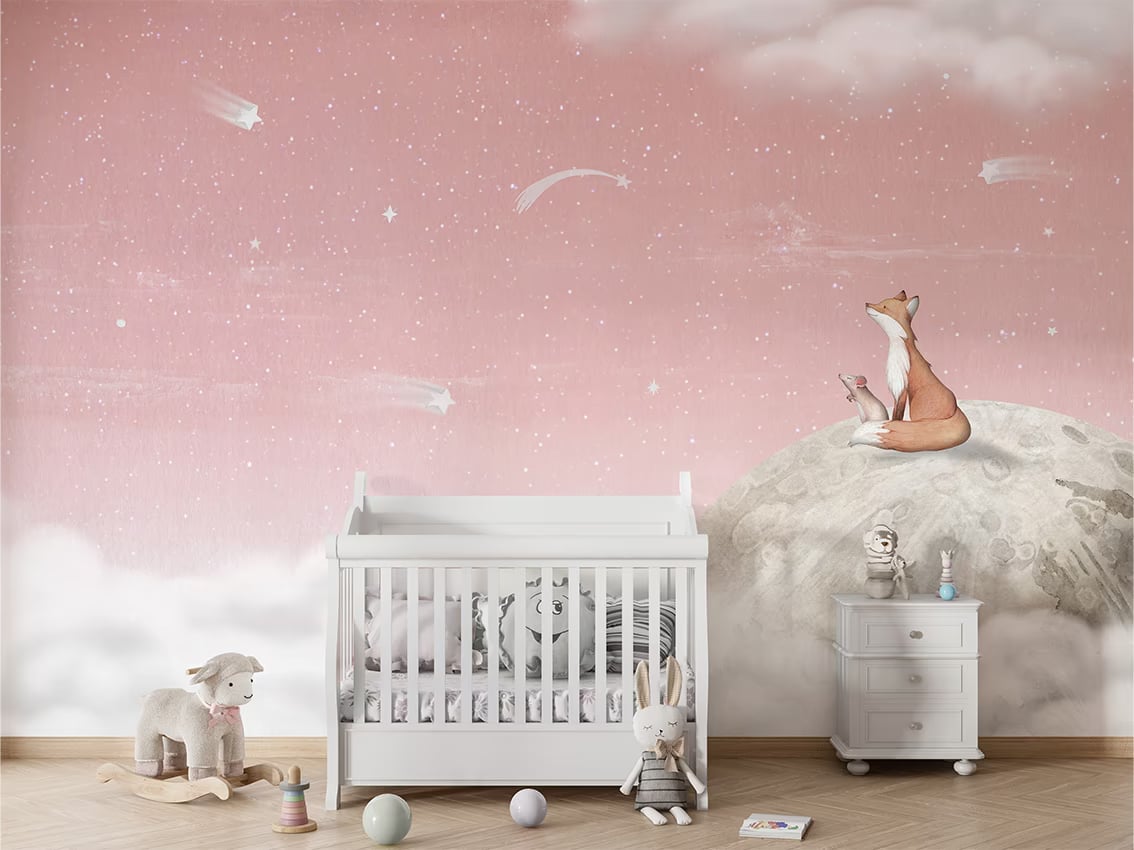 Fox on the Moon - Pink styled in a room