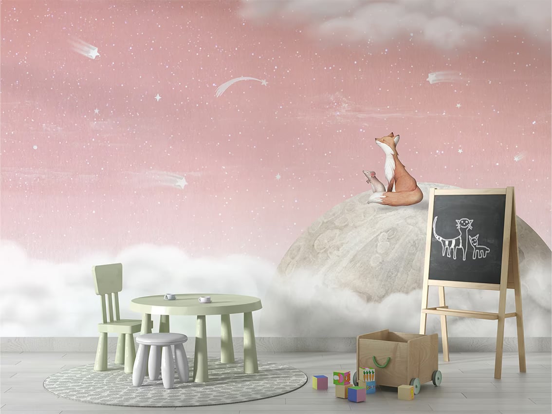 Fox on the Moon - Pink styled in a room