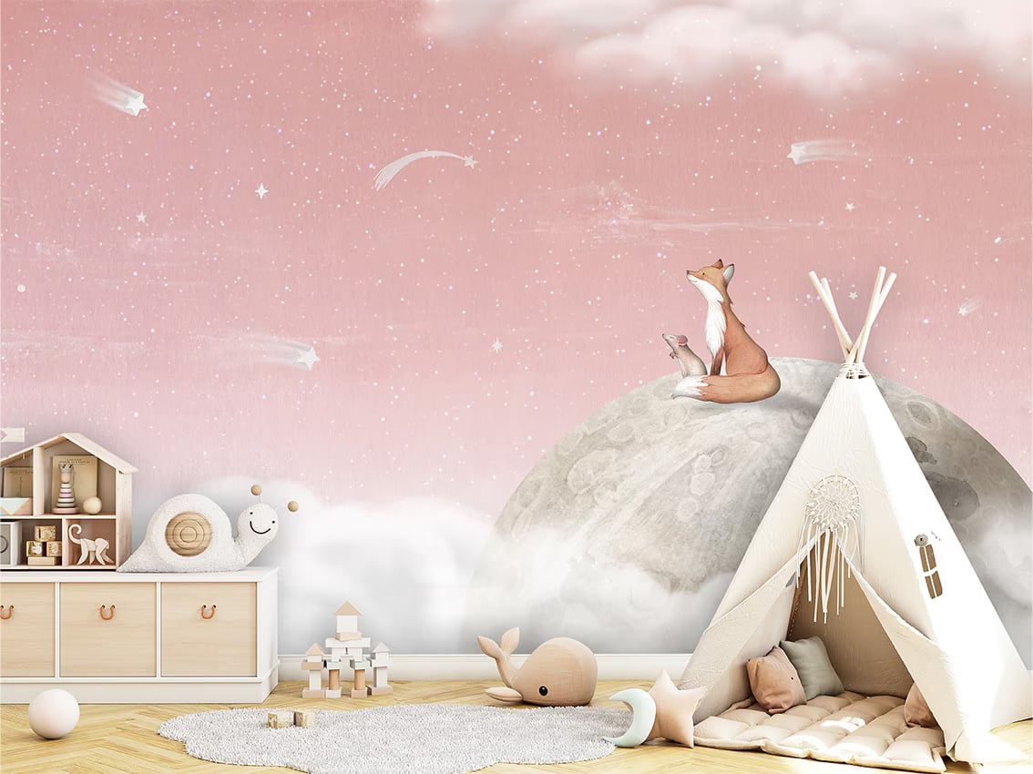 Fox on the Moon - Pink styled in a room