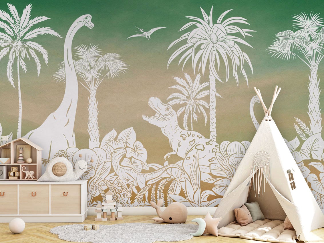 Monochrome Dino - Green Sky styled in a room