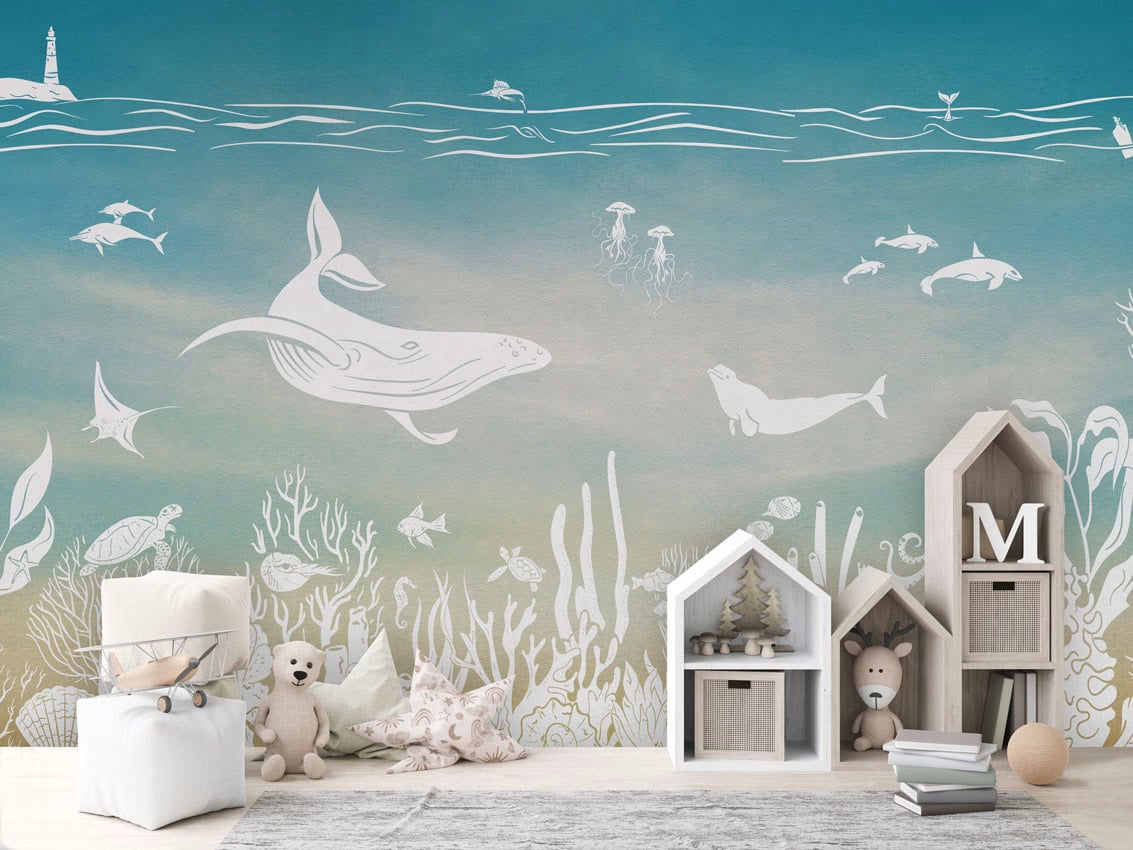 Monochrome Sea - Blue Aqua styled in a room