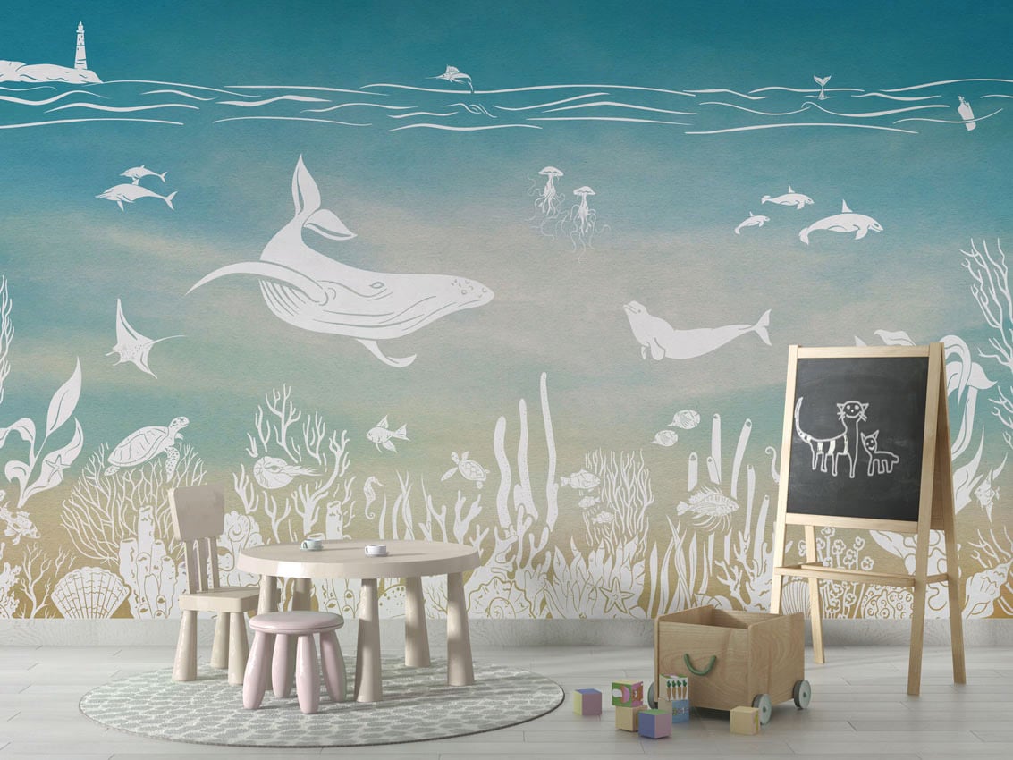 Monochrome Sea - Blue Aqua styled in a room