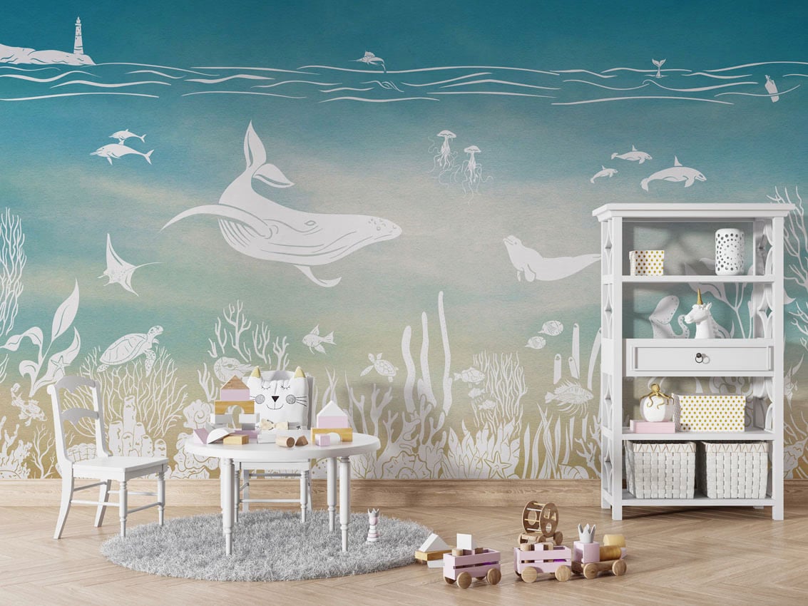 Monochrome Sea - Blue Aqua styled in a room
