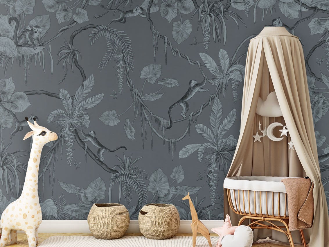 Playful Monkeys - Monochrome Blue styled in a room