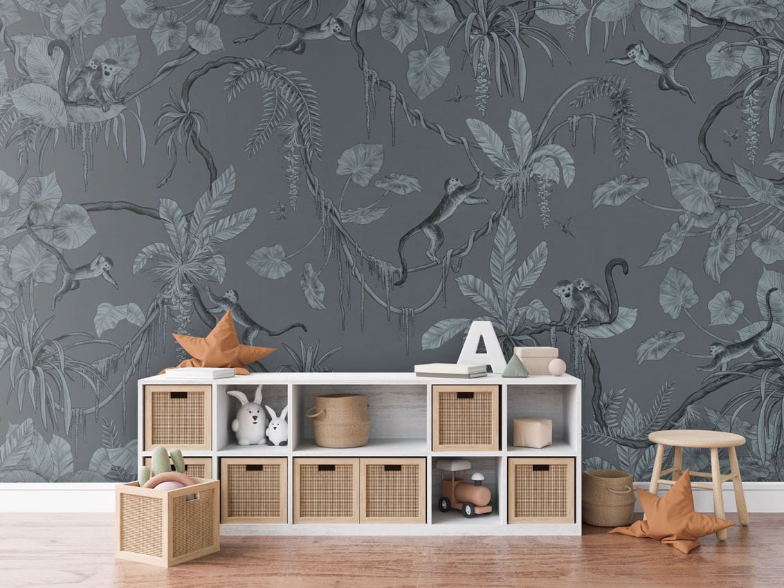 Playful Monkeys - Monochrome Blue styled in a room