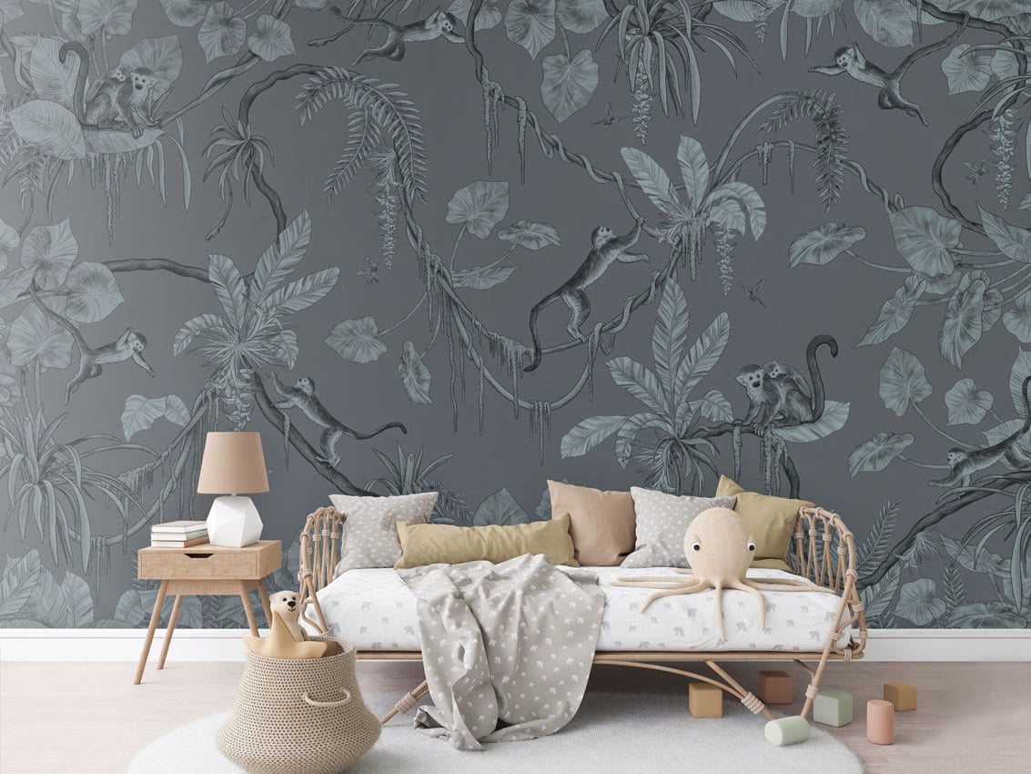 Playful Monkeys - Monochrome Blue styled in a room