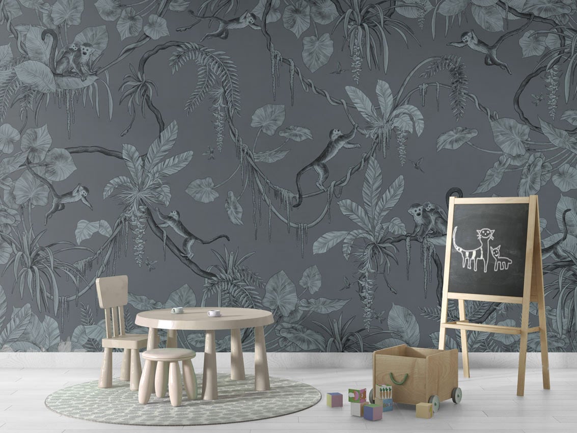 Playful Monkeys - Monochrome Blue styled in a room