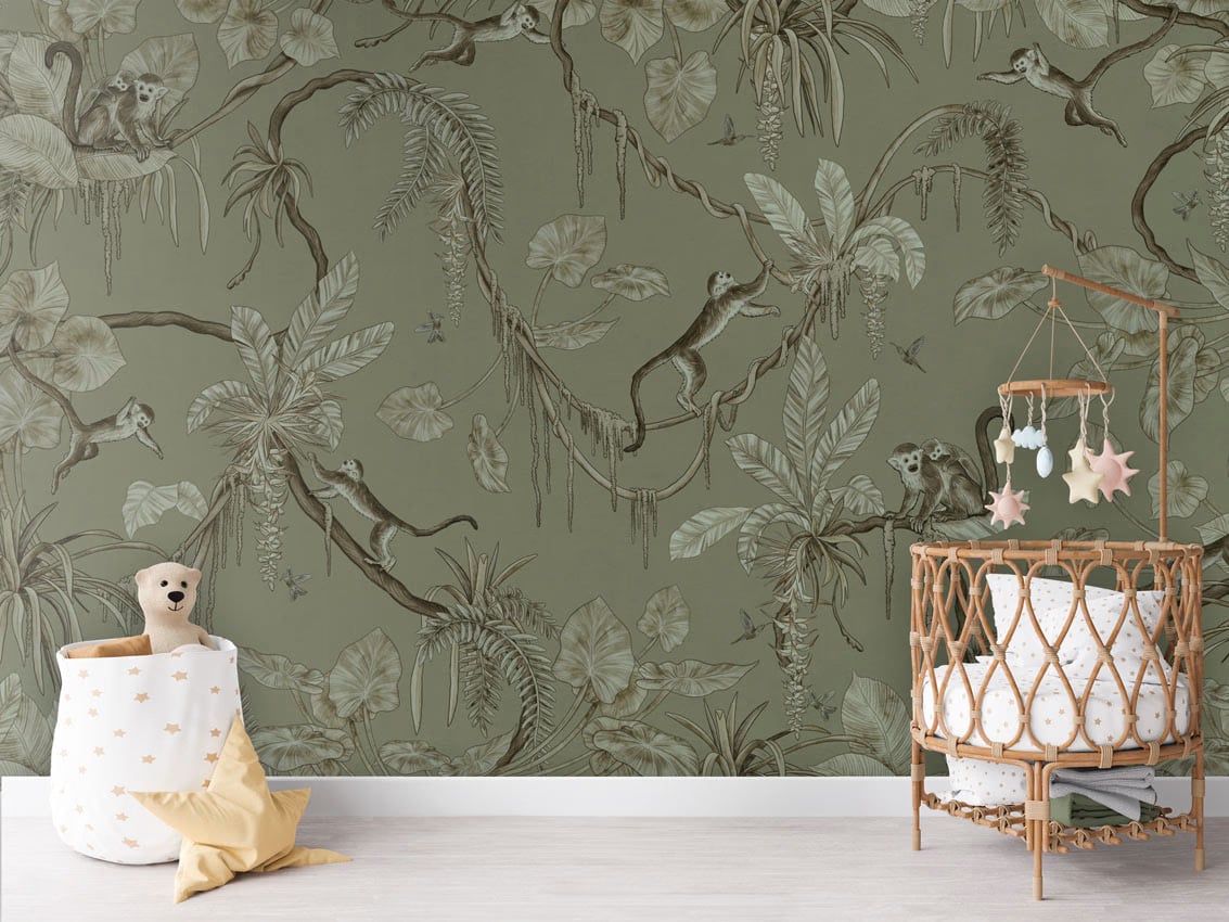Playful Monkeys - Monochrome Green styled in a room