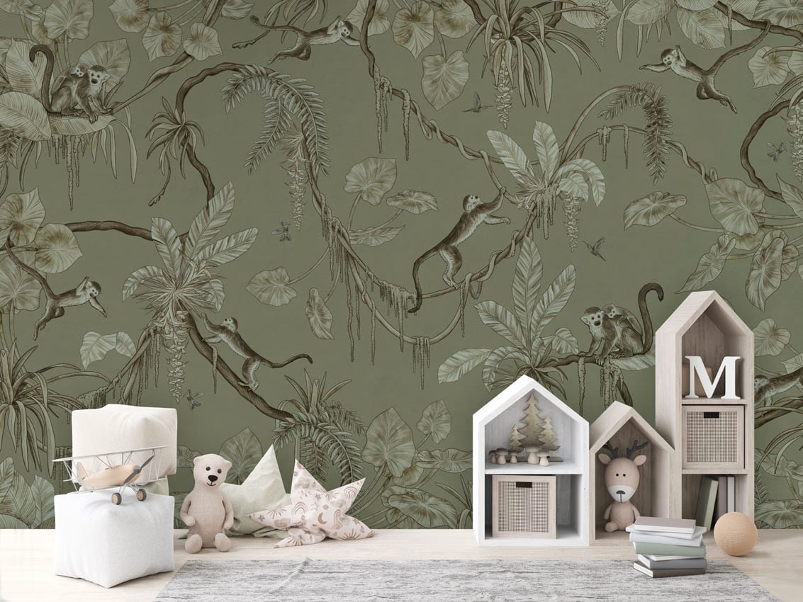 Playful Monkeys - Monochrome Green styled in a room