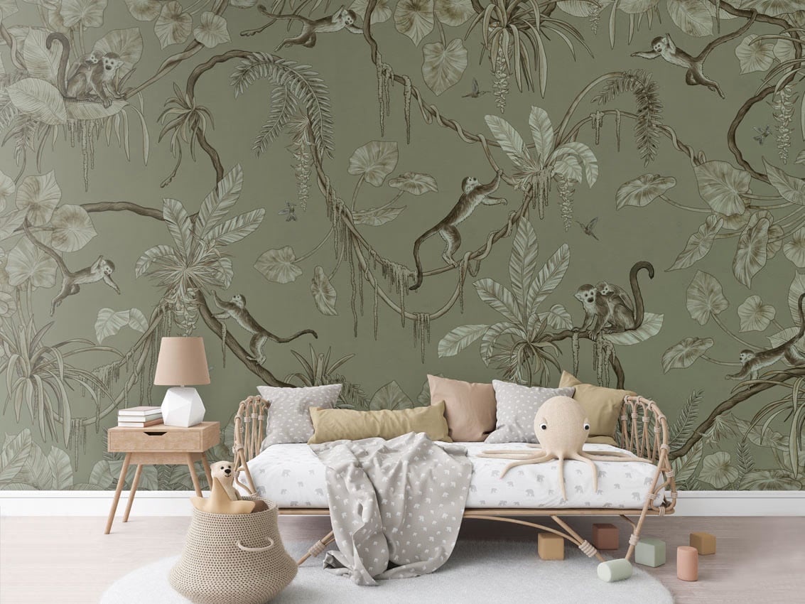 Playful Monkeys - Monochrome Green styled in a room