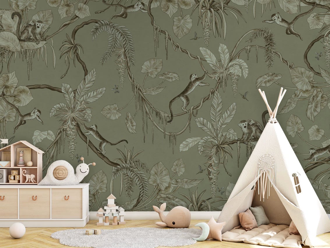 Playful Monkeys - Monochrome Green styled in a room