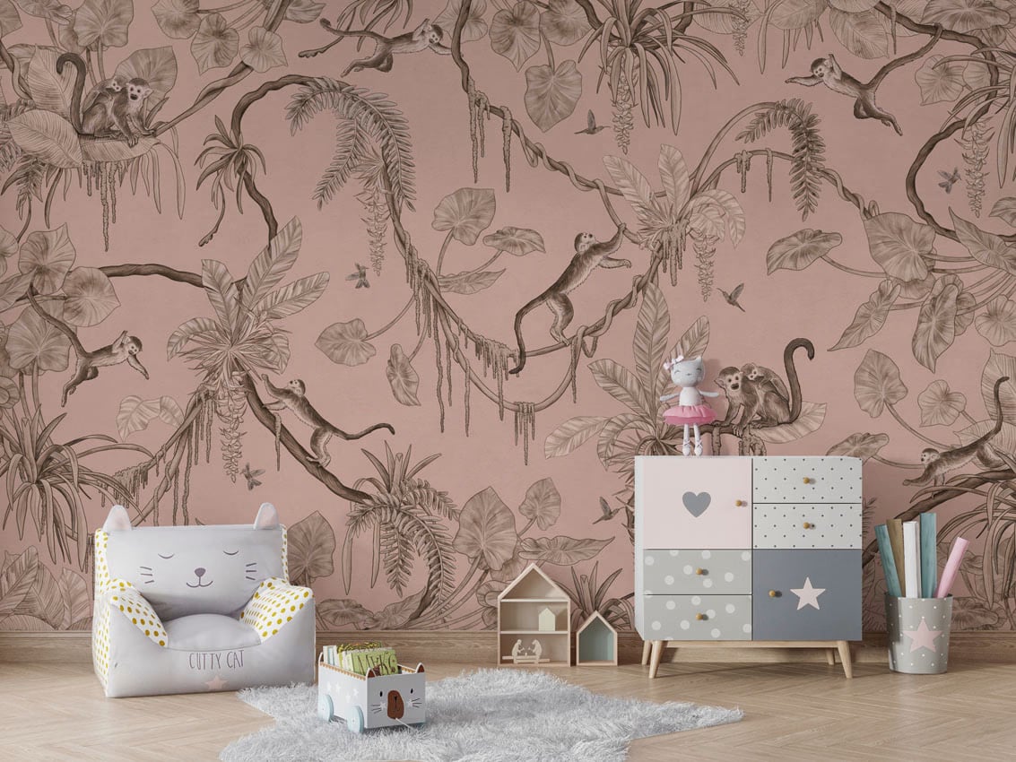 Playful Monkeys - Monochrome Pink styled in a room
