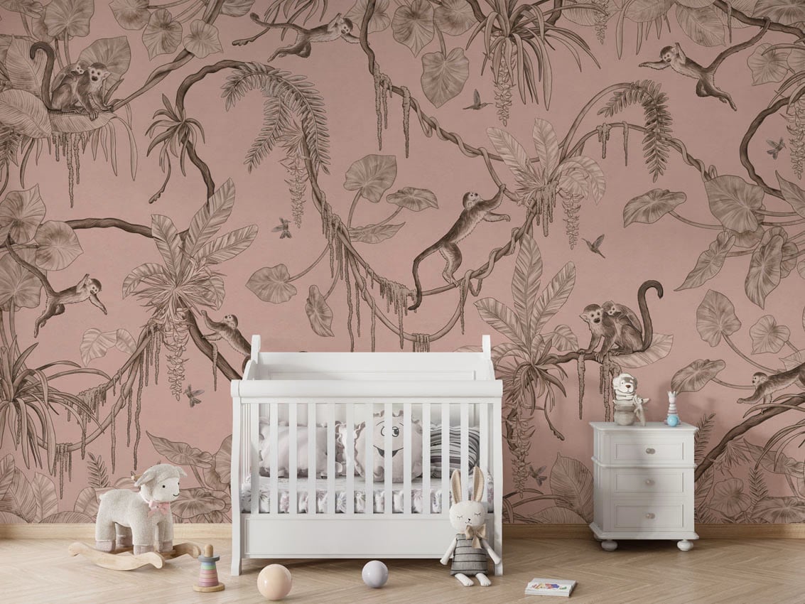 Playful Monkeys - Monochrome Pink styled in a room