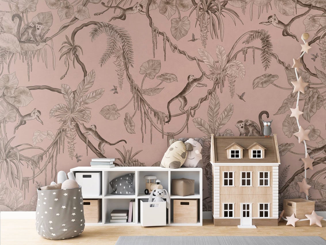 Playful Monkeys - Monochrome Pink styled in a room