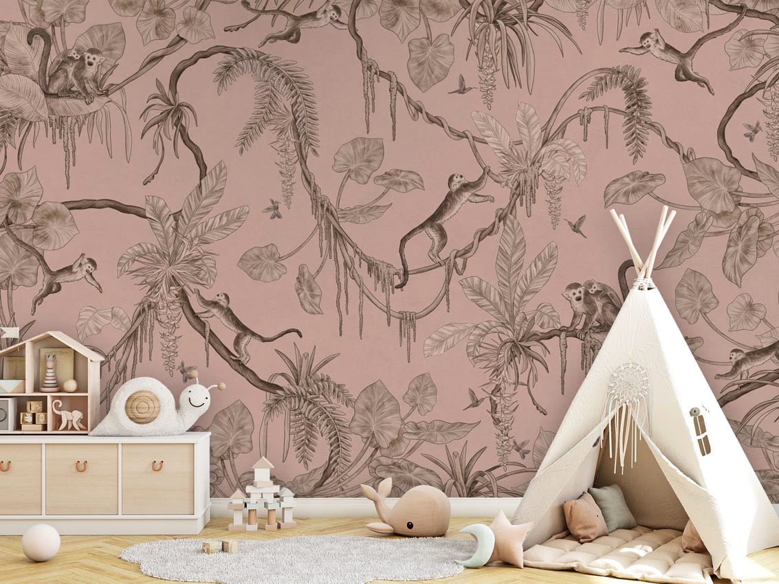 Playful Monkeys - Monochrome Pink styled in a room