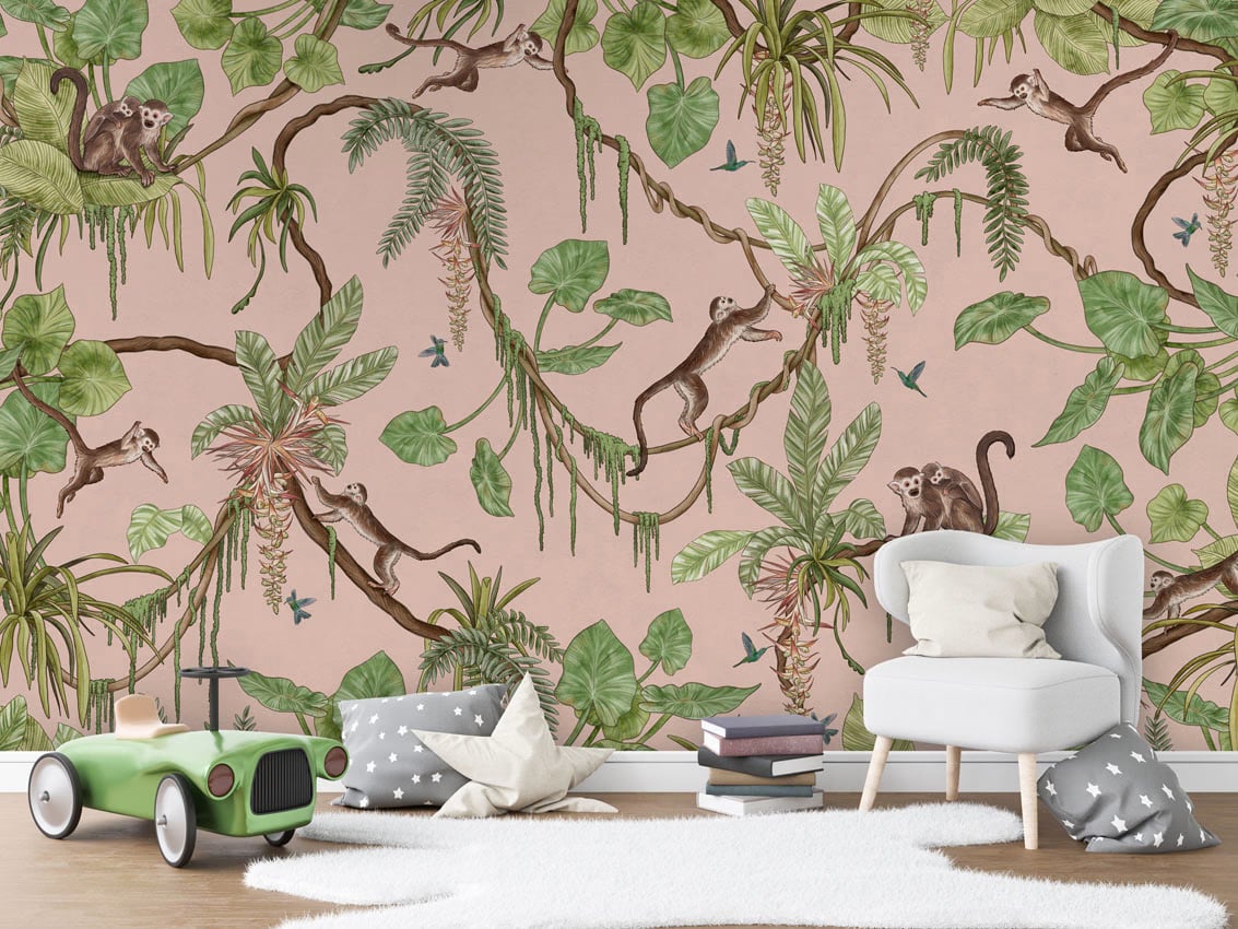 Playful Monkeys - Pink styled in a room