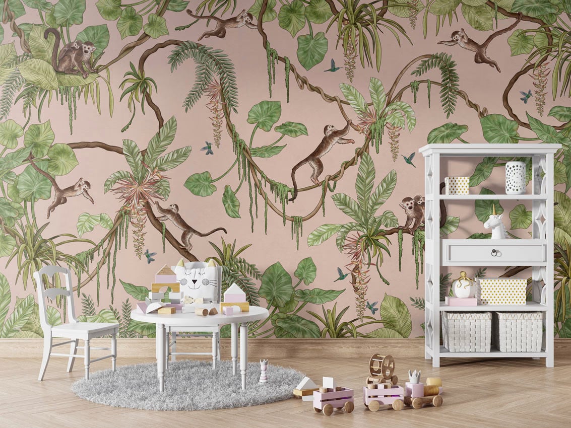 Playful Monkeys - Pink styled in a room