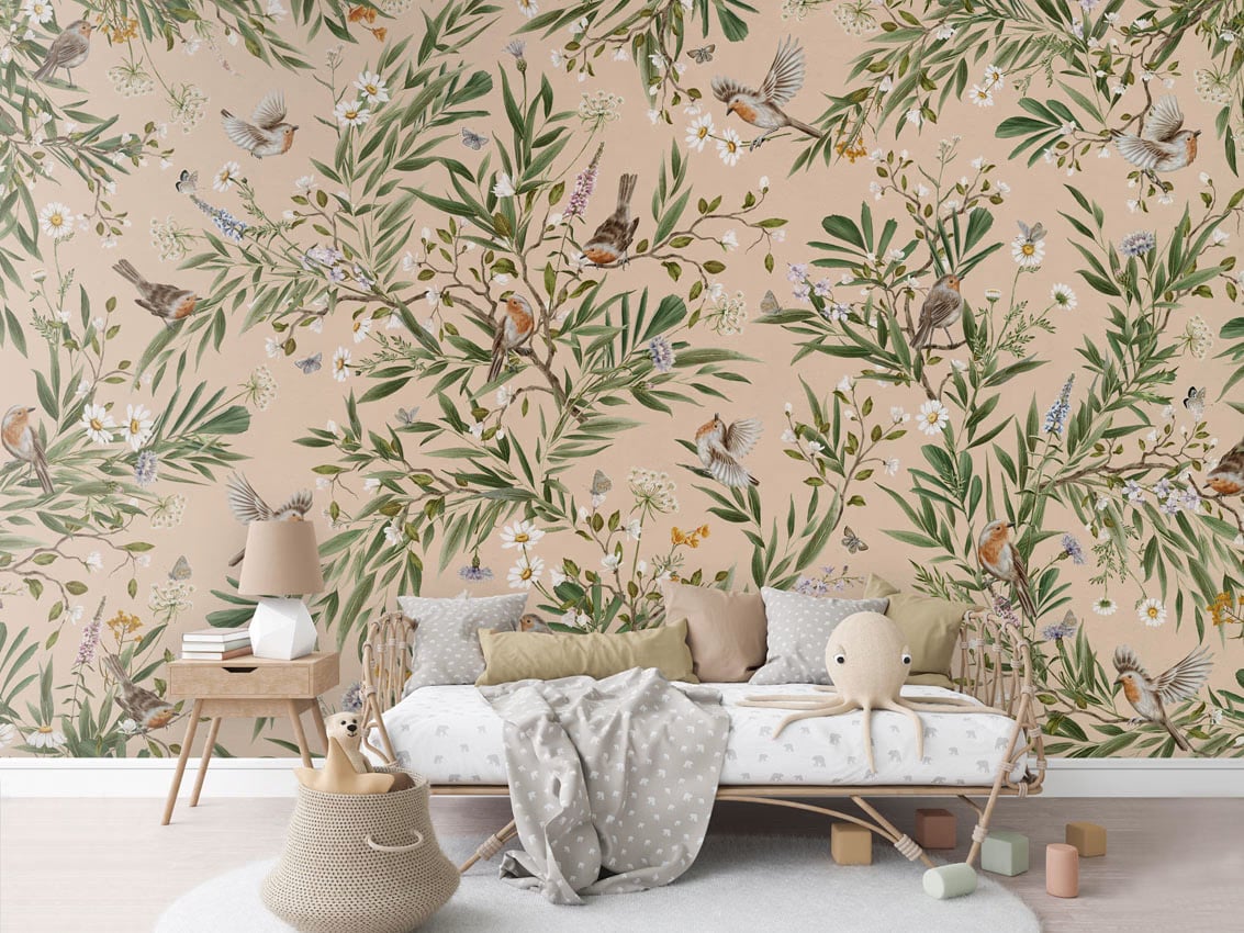 Playful Robins - Beige styled in a room
