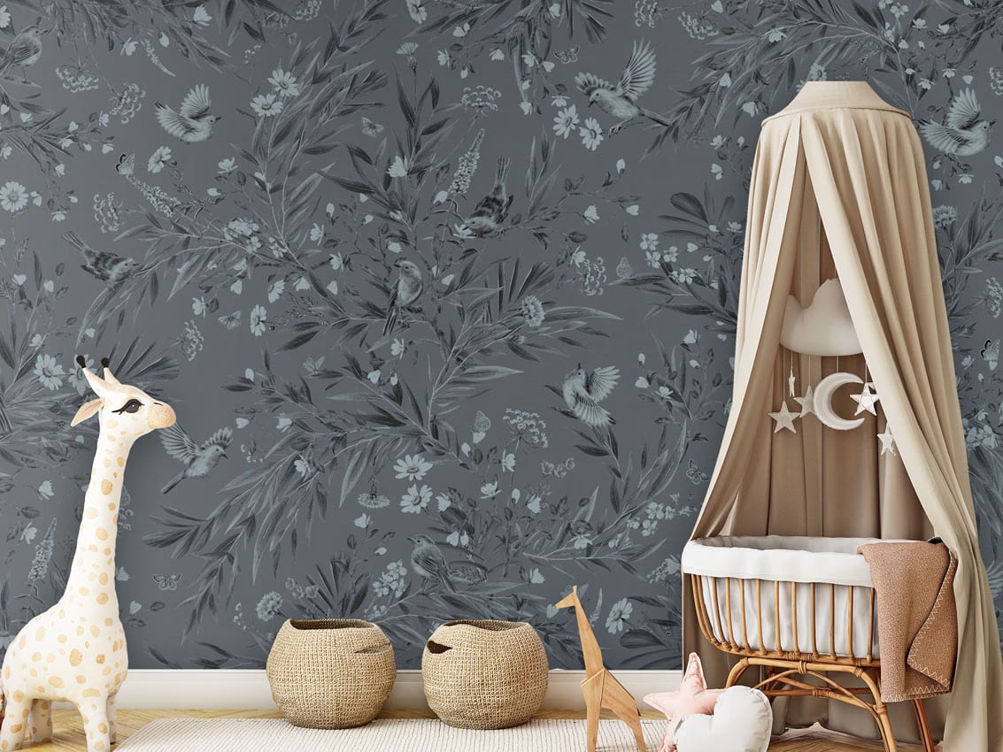 Playful Robins - Monochrome Blue styled in a room