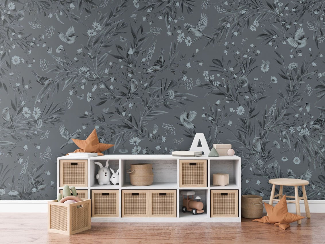 Playful Robins - Monochrome Blue styled in a room