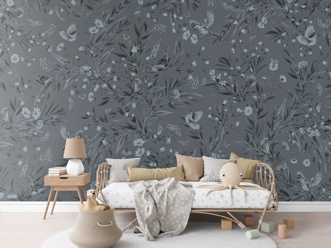Playful Robins - Monochrome Blue styled in a room