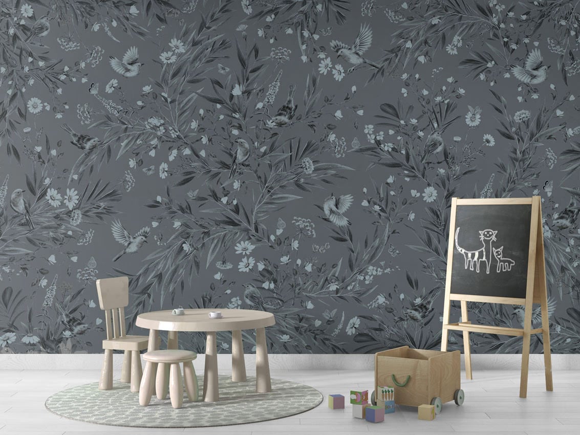 Playful Robins - Monochrome Blue styled in a room
