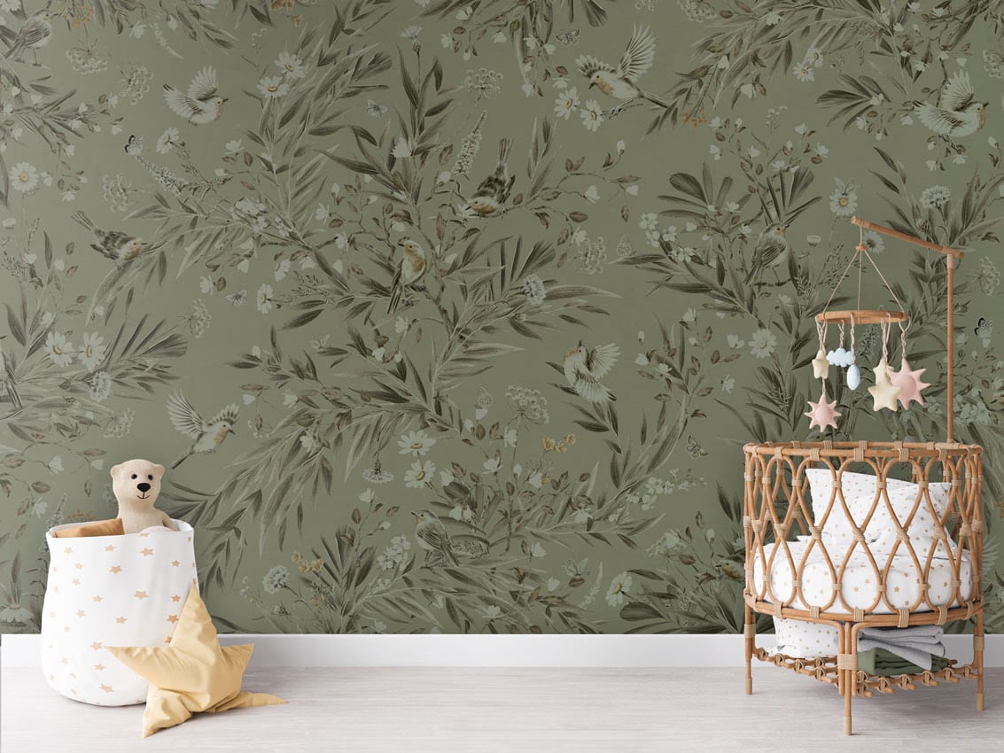 Playful Robins - Monochrome Green styled in a room