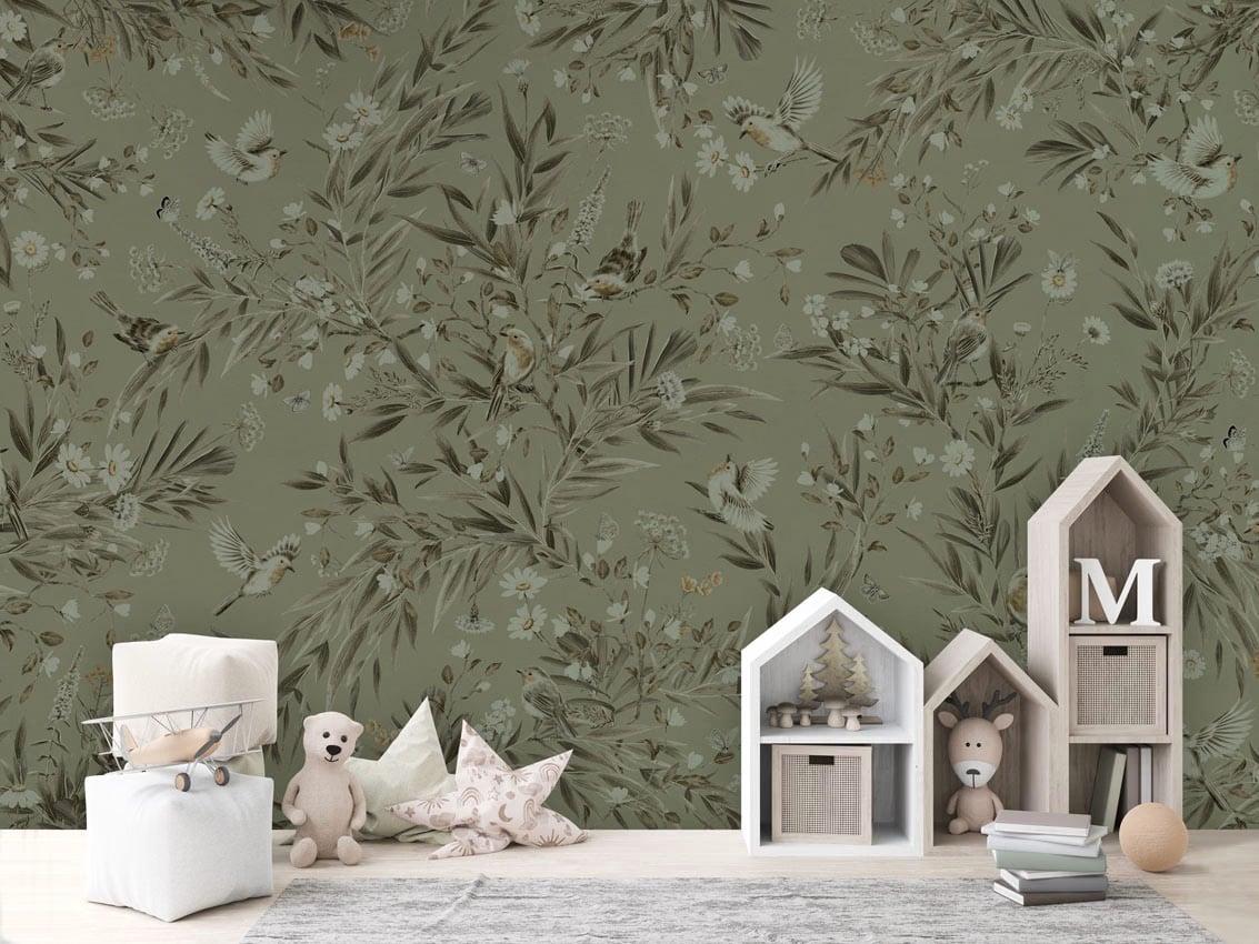 Playful Robins - Monochrome Green styled in a room